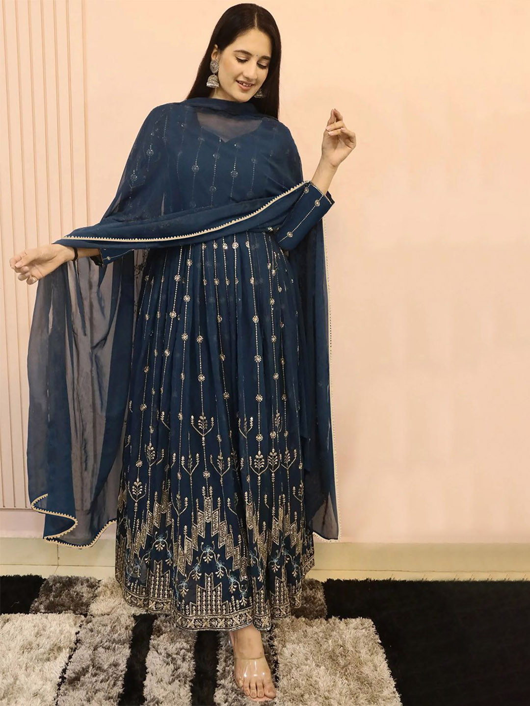 Kedar Fab Ethnic Motifs Embroidered Georgette Pleated Ethnic Dresses And Dupatta