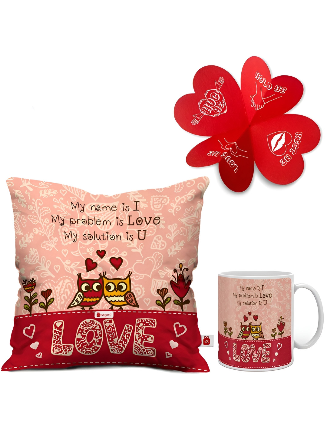 Indigifts Red & Peach-Colored 3 Pieces Printed Cushion & Mug Gift Sets