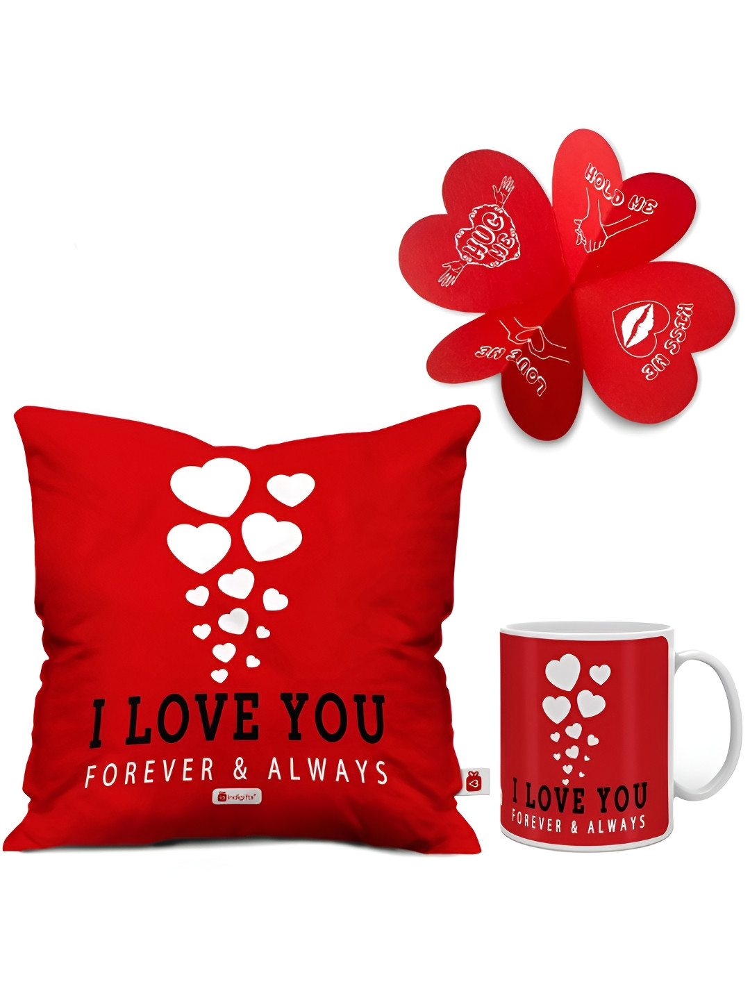 Indigifts Red & White 3 Pieces Printed Cushion Cover with Filler & Coffee Mug
