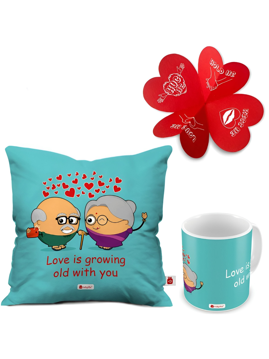 Indigifts Blue & White Printed Cushion & Coffee Mug With Greeting Card