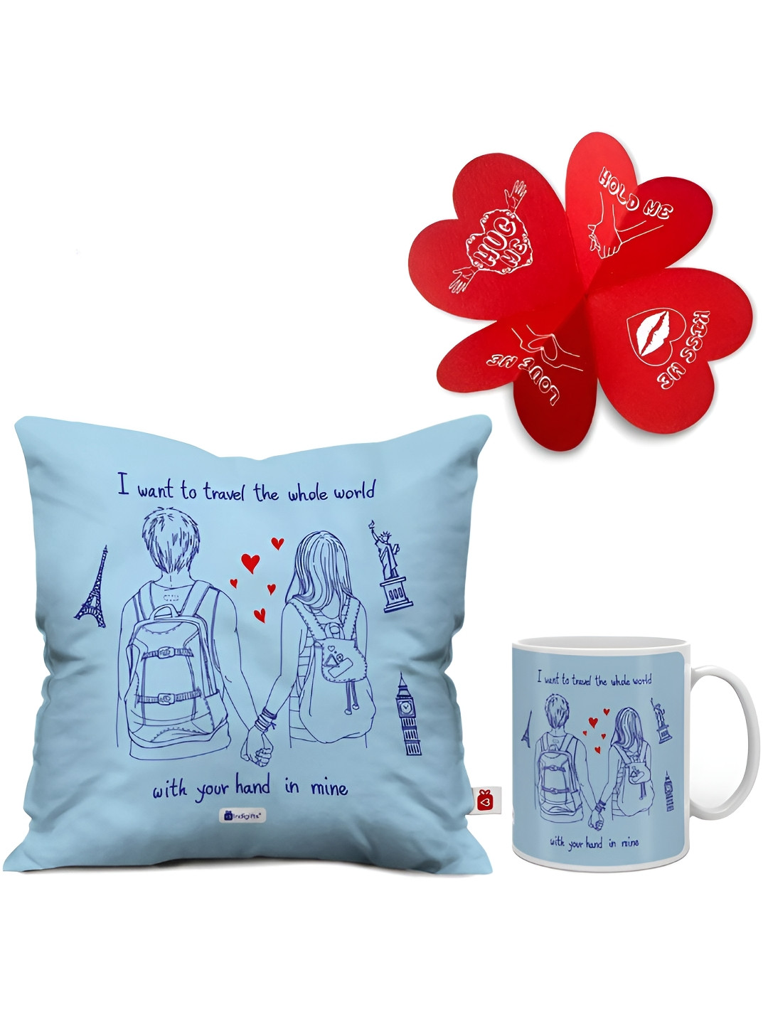 Indigifts Blue & Red Printed Cushion & Coffee Mug With Greeting Card