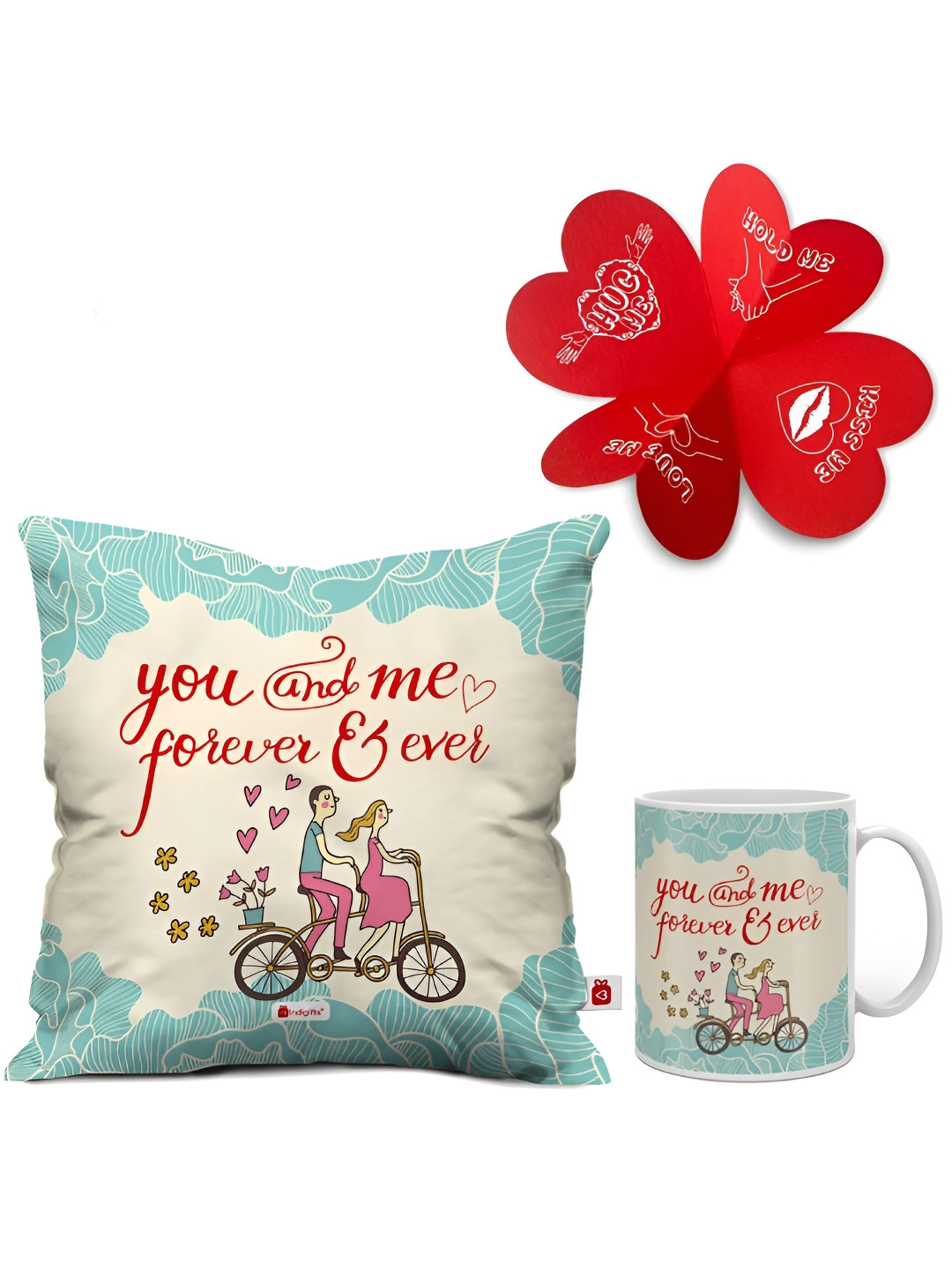 Indigifts Green & Red Printed Cushion & Coffee Mug With Greeting Card