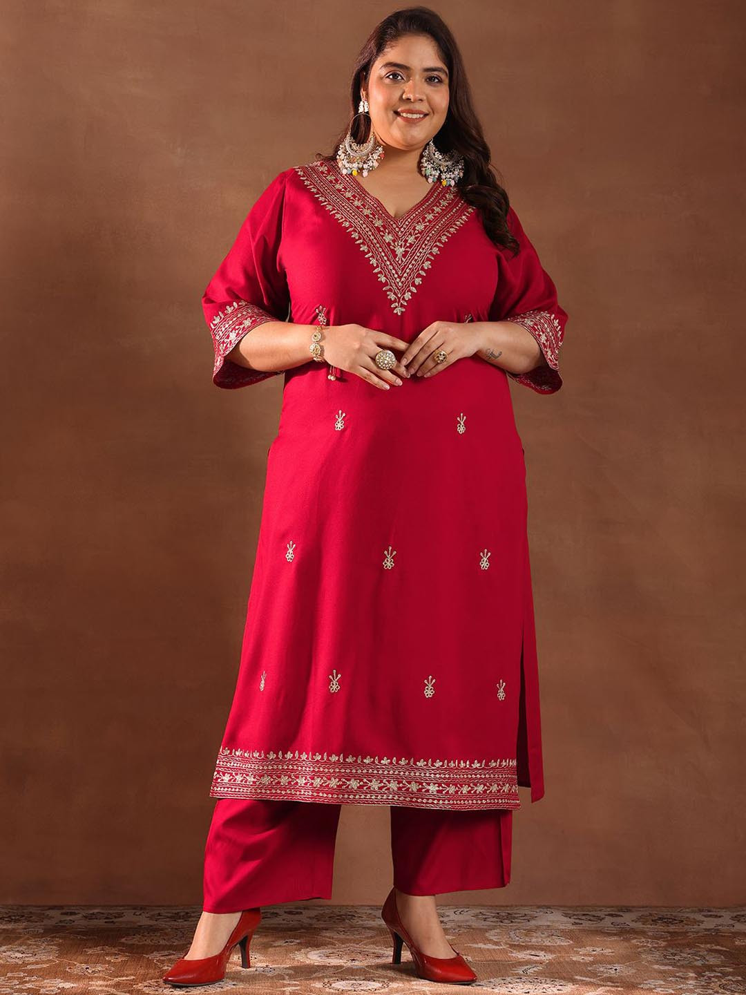 EXTRA LOVE BY LIBAS Plus Size Floral Embroidered Flared Sleeves Straight Kurta & Palazzo
