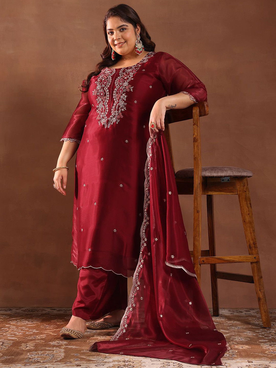 EXTRA LOVE BY LIBAS Plus Size Ethnic Motifs Regular Kurta with Trousers & With Dupatta