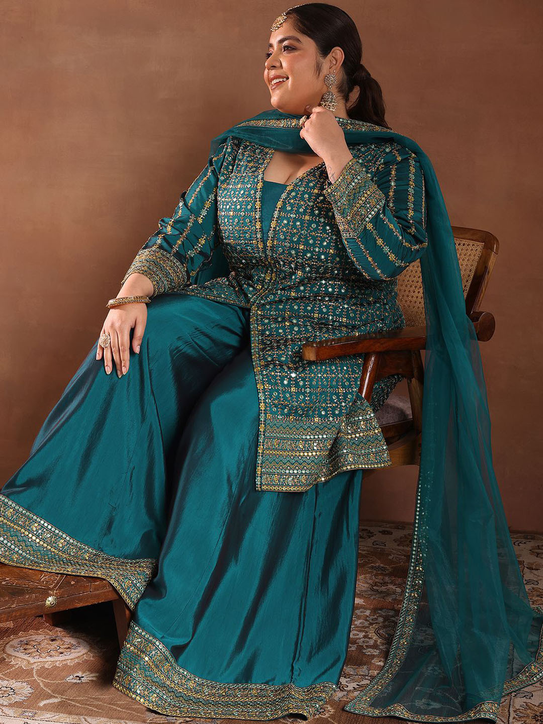 EXTRA LOVE BY LIBAS Plus Size Ethnic Motifs Embroidered Kurta & Palazzo & Dupatta