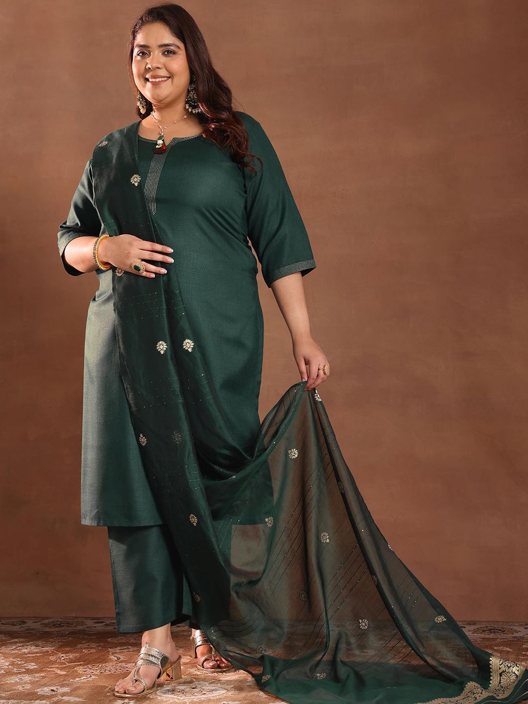 EXTRA LOVE BY LIBAS Plus Size Round Neck Zari Detail Straight Kurta & Trousers & Dupatta