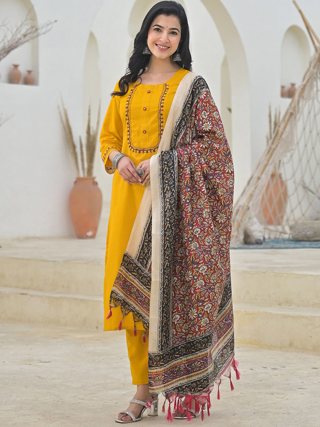 The Hope Thread Work Round Neck Pure Cotton Kurta With Trousers And Dupatta