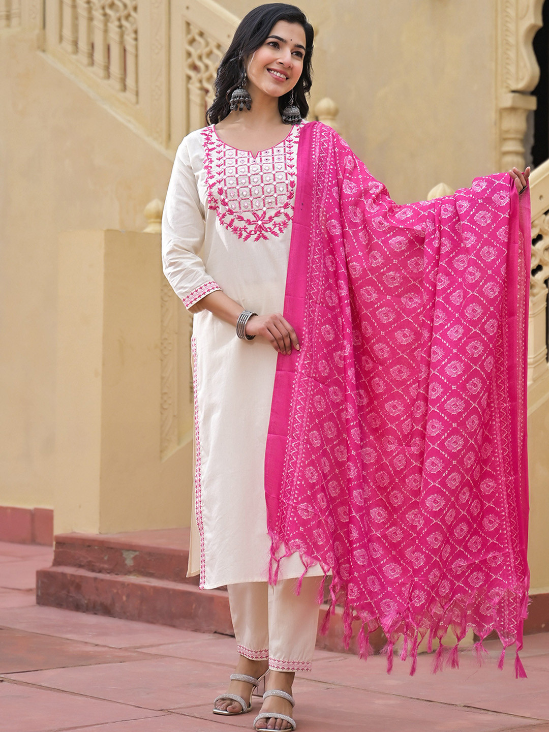 The Hope Mirror Work Notch Neck Pure Cotton Kurta With Trousers And Dupatta