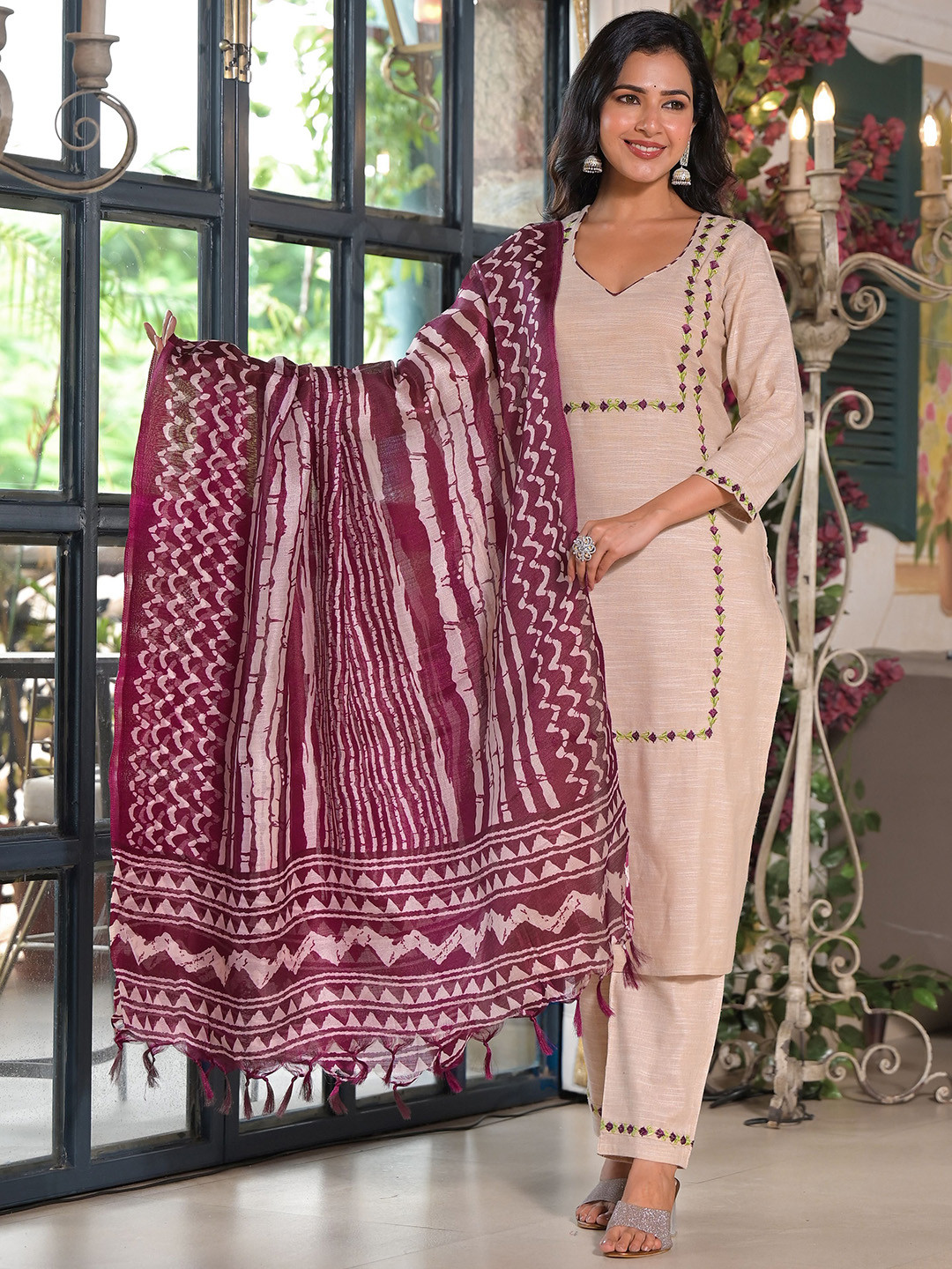 The Hope Abstract Printed Thread Work V-Neck Pure Cotton Kurta With Trousers and Dupatta
