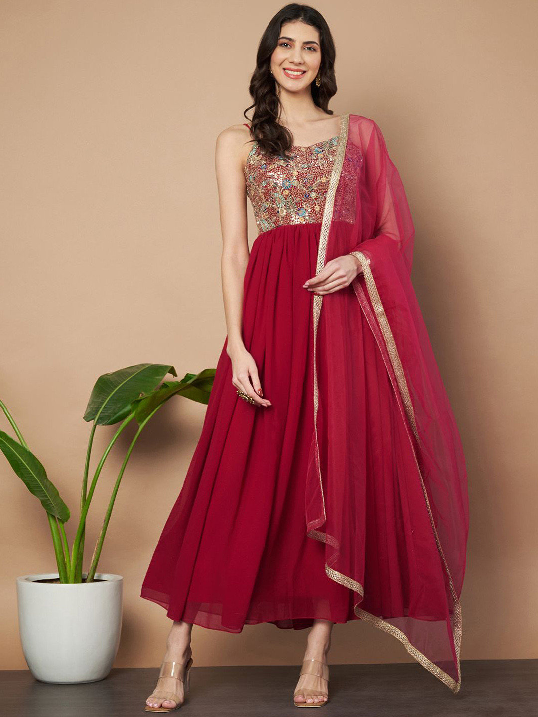 flaher Women Sequined Embroidered Gown With Dupatta