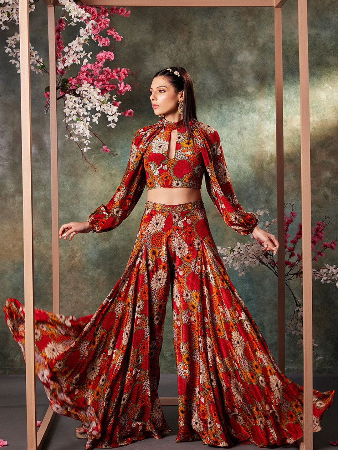 Mehak Murpana Printed High Neck Pure Silk Top With Palazzo