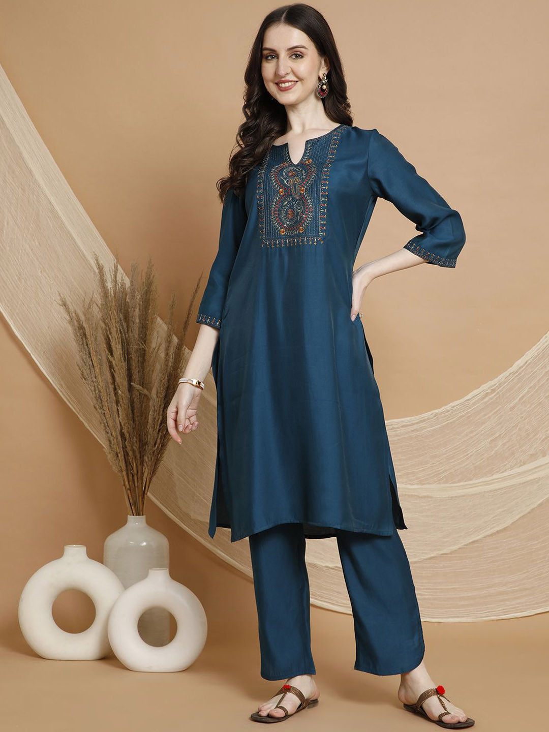 Nayam By Lakshita Solid Floral Embroidered Round Neck Kurta With Trousers Viscose Set