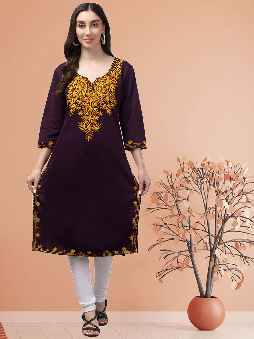 FAMBEE Floral Embroidered Notch Neck Woollen Straight Kurta