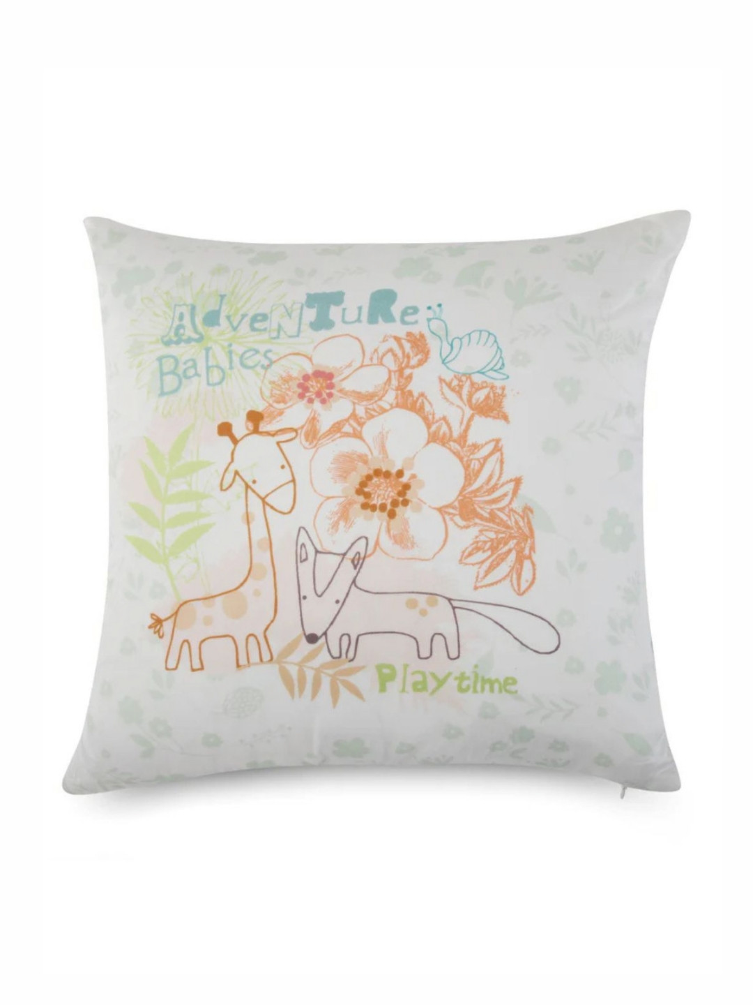 WAXWINGO Adventure Kids White & Orange Cotton Linen Floral Printed Cushion