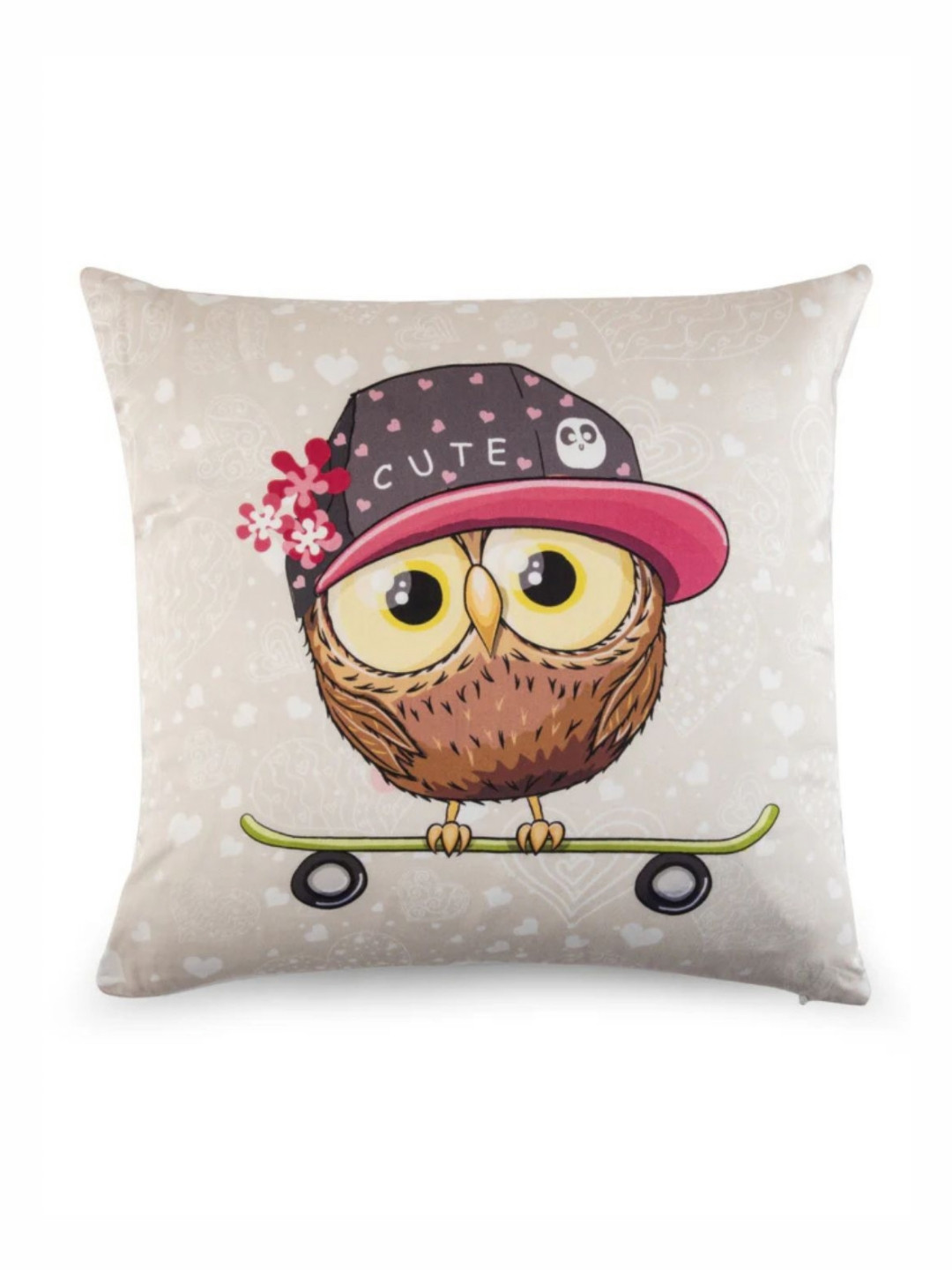 WAXWINGO Playfun Cartoon White Graphic Polyester Silk Washable Cushion Cover -16x16In