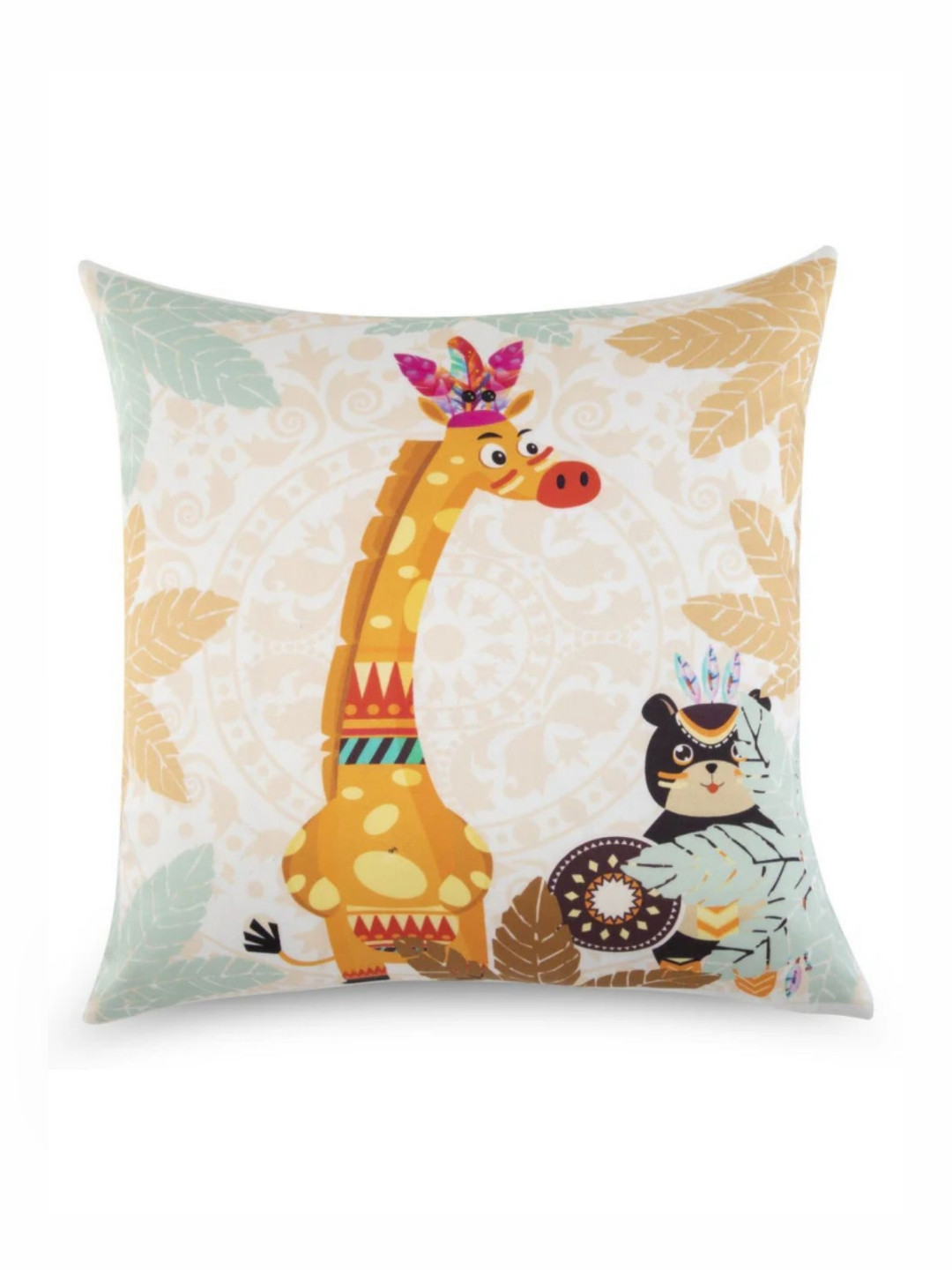 WAXWINGO Giraff Kids White & Yellow Cartoon Characters Printed Square Cushion Cover