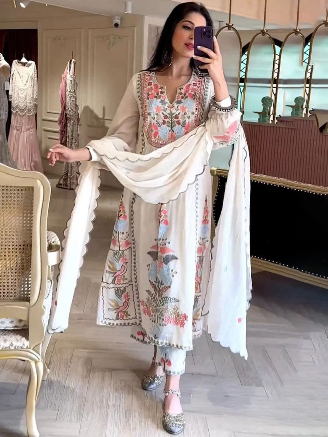 GRISHU COLLECTION Floral Printed Thread Work A-Line Kurta With Trouser & Dupatta