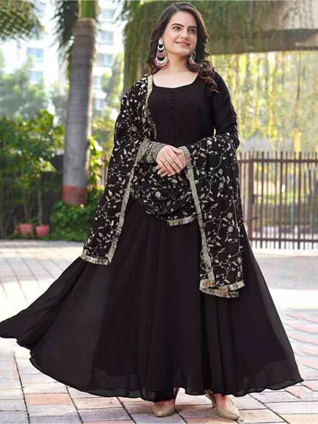 GRISHU COLLECTION Embroidered Sequinned Round Neck Anarkali Kurta With Trouser & Dupatta
