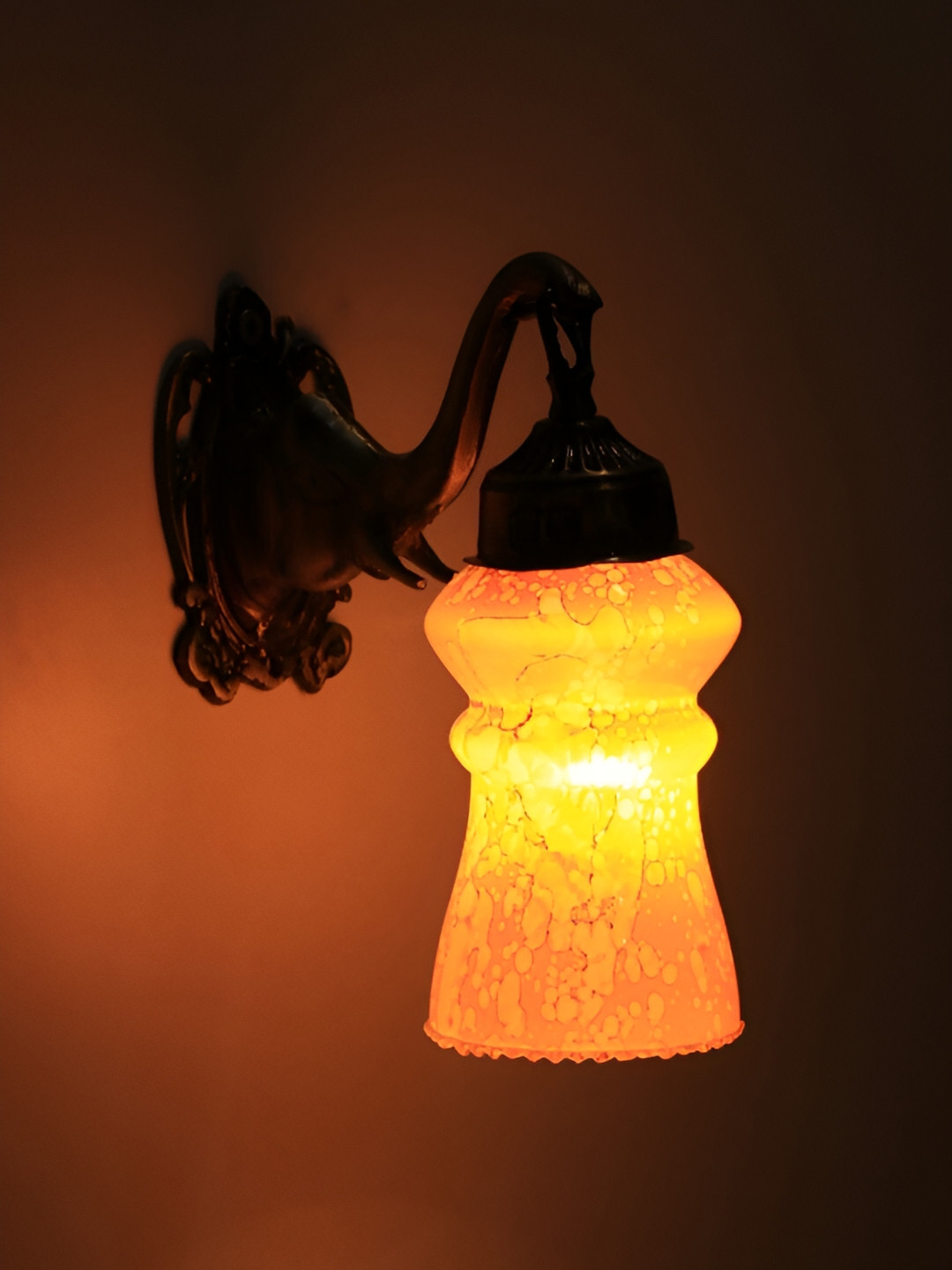 VAGalleryKing Yellow & Beige Printed Bell Shaped Antique Elephant Design Glass Wall Lamp