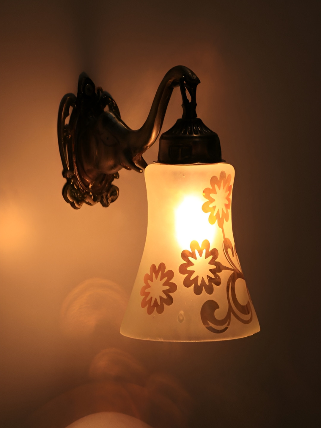 VAGalleryKing Transparnt & Gold Toned Printed Antique Elephant Design Glass Wall Lamp