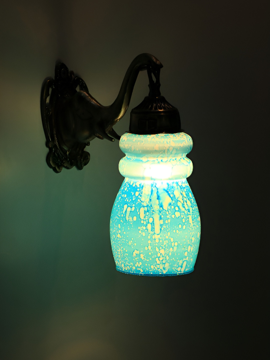 VAGalleryKing Blue & Metallic Toned Printed Bell Shaped Elephant Design Glass Wall Lamp