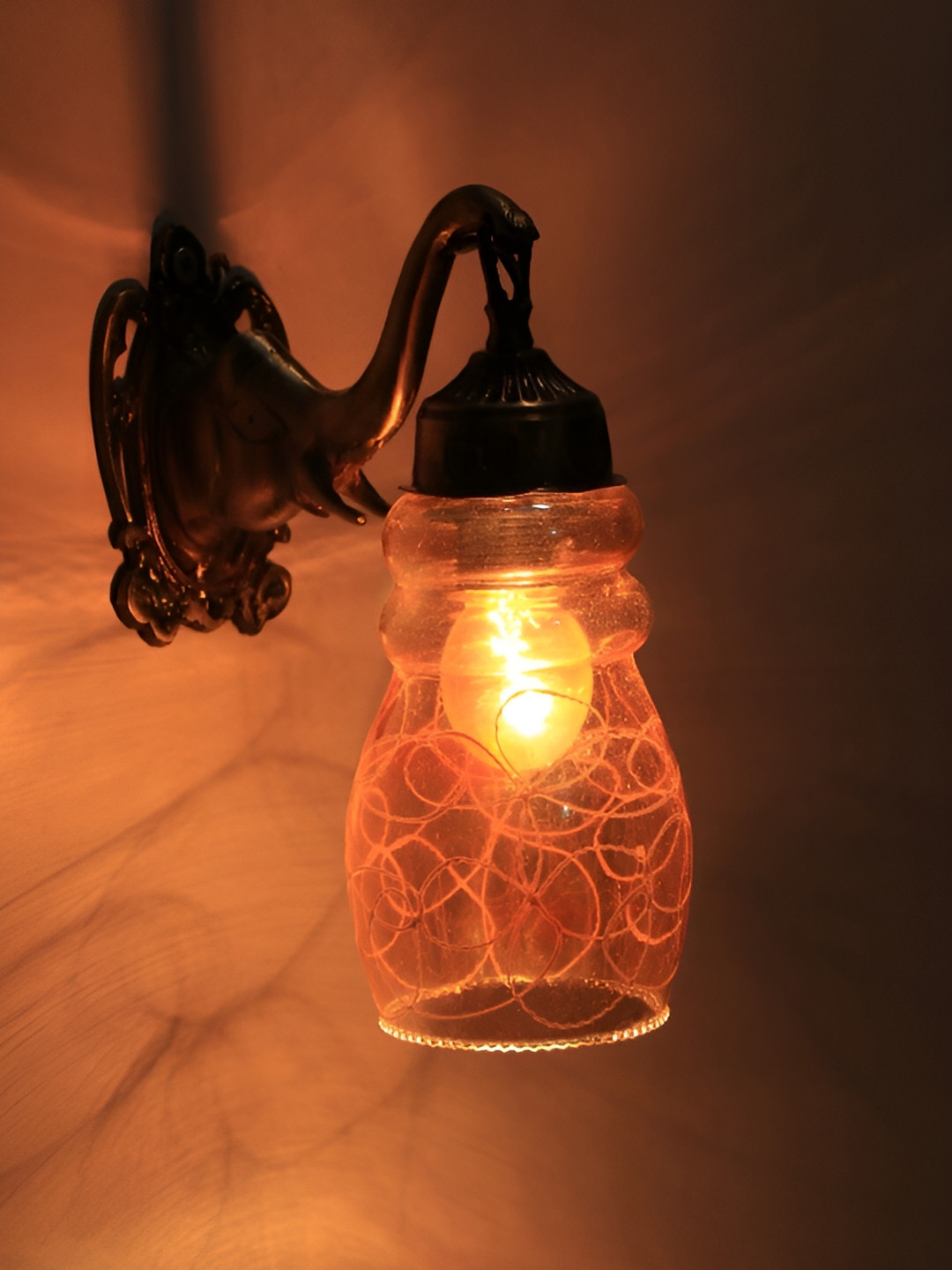 VAGalleryKing Transparnt & White Printed Bell Shaped Elephant Design Glass Wall Lamp