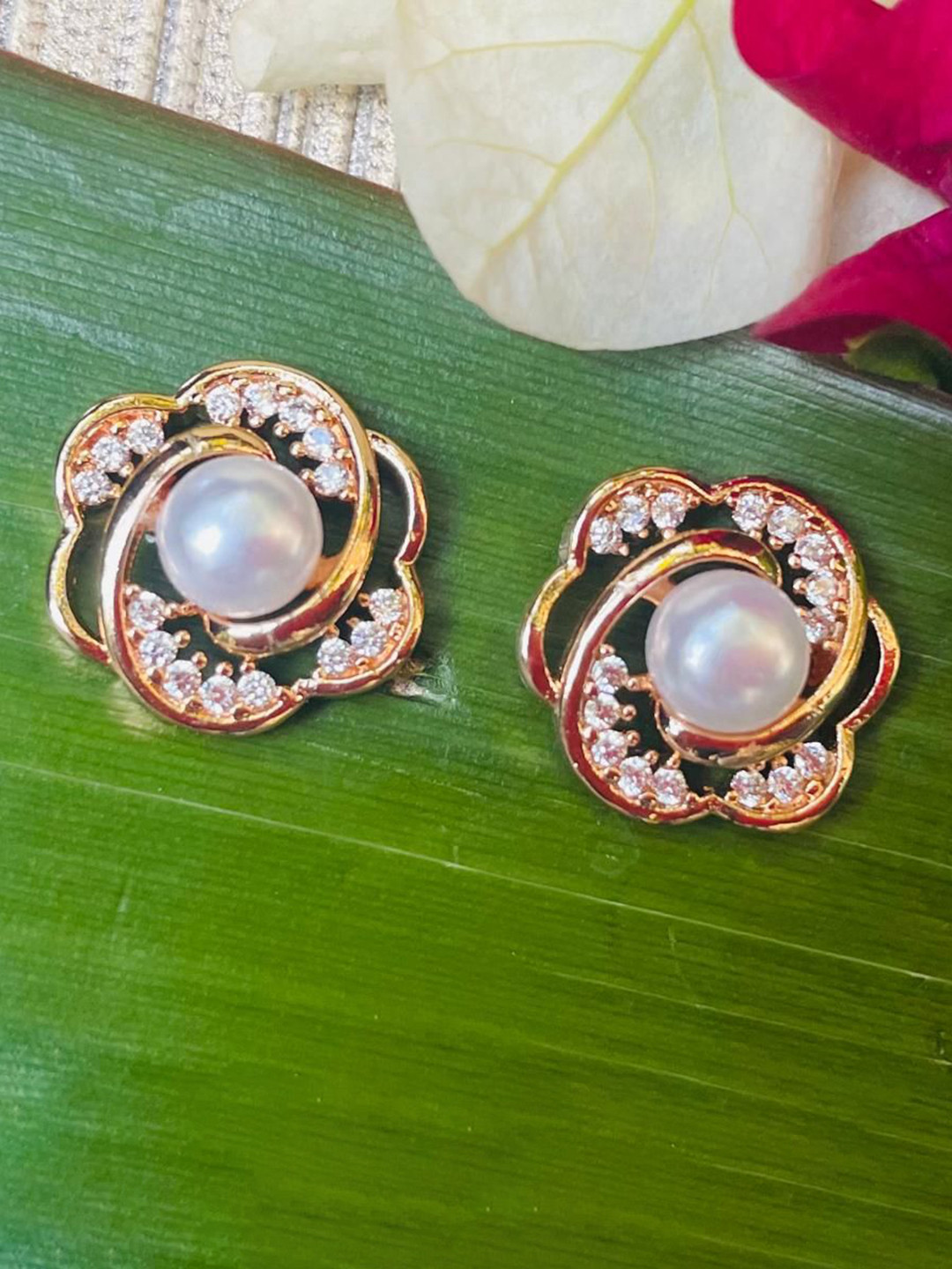 MONI LIFESTYLE Rose Gold-Plated Pearls Studded Floral Shaped Studs