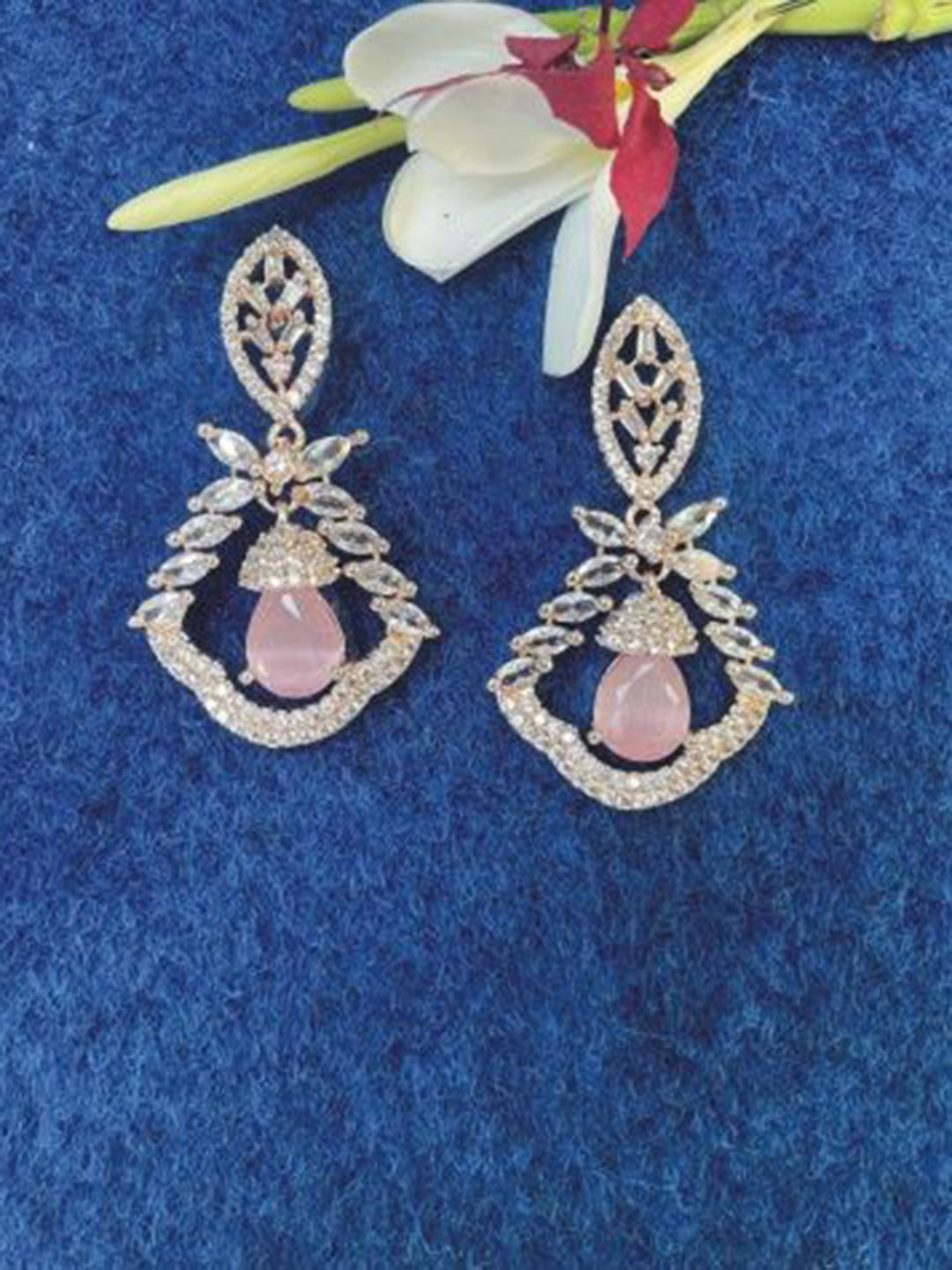 MONI LIFESTYLE Rose Gold Plated American Diamond Studded Contemporary Drop Earrings