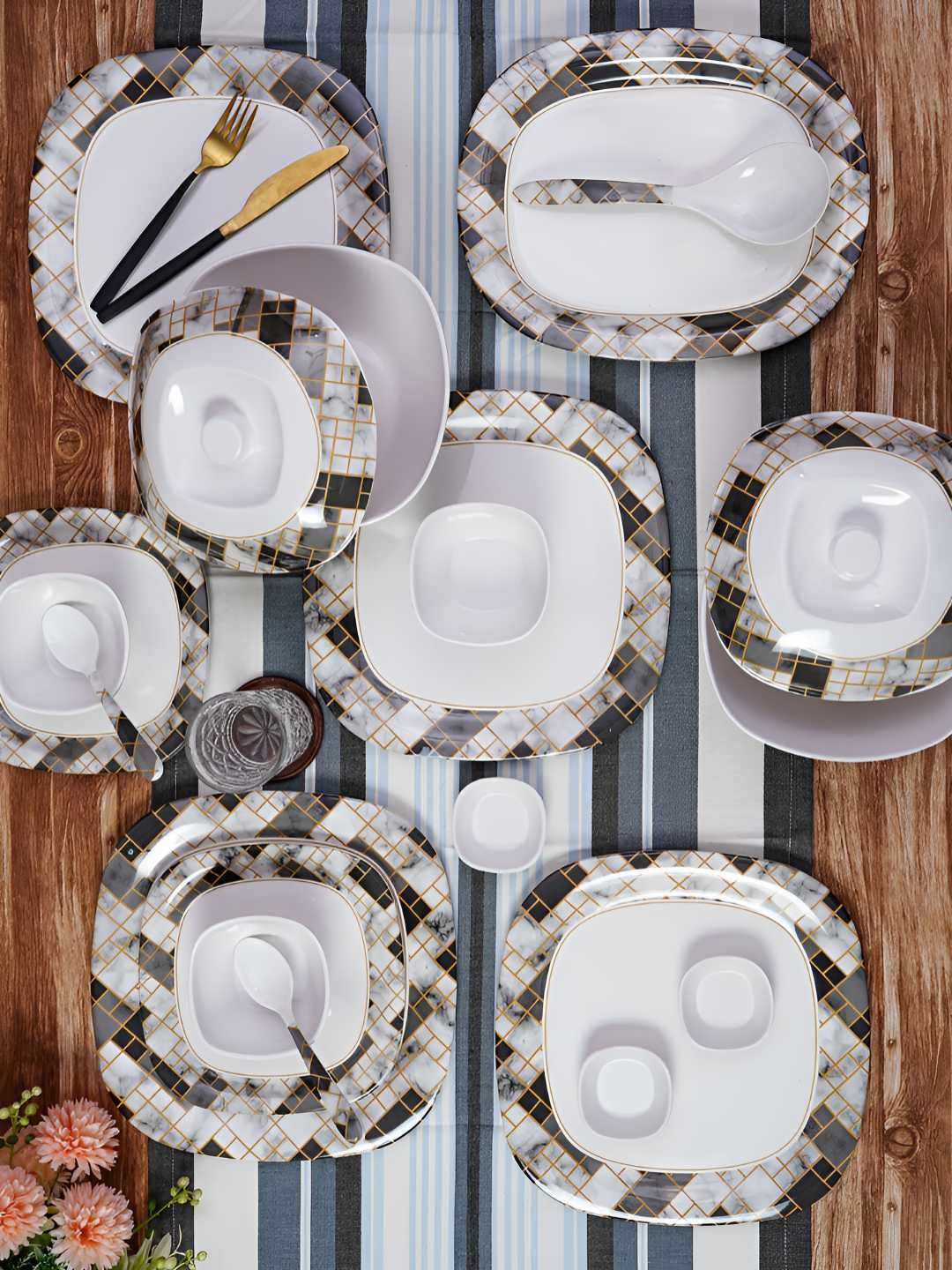 CDI Bricked Designed White Geometric Melamine Dishwasher and Microwave Safe 47 Piece Dinner Set