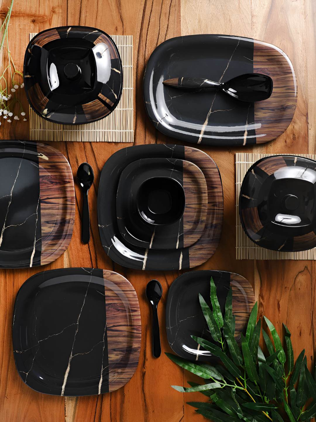 CDI Wooden Designed Black Geometric Melamine Dishwasher and Microwave Safe 47 Piece Dinner Set
