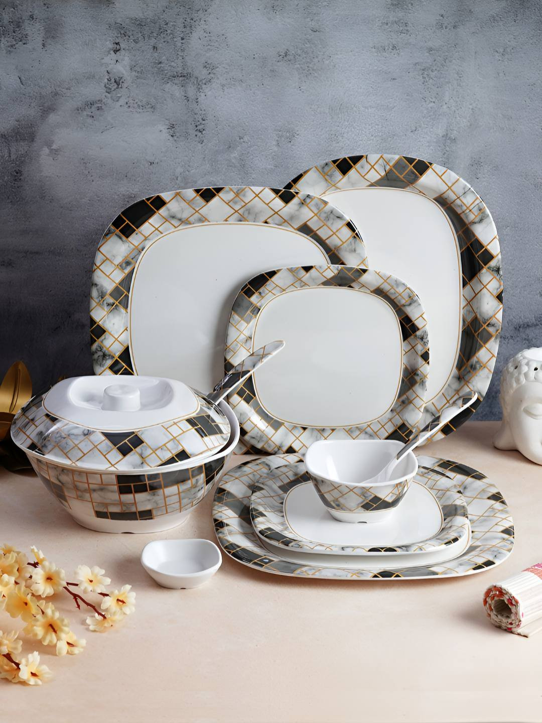 Aura Bricked Designed White Geometric Melamine Dishwasher and Microwave Safe 47 Piece Dinner Set