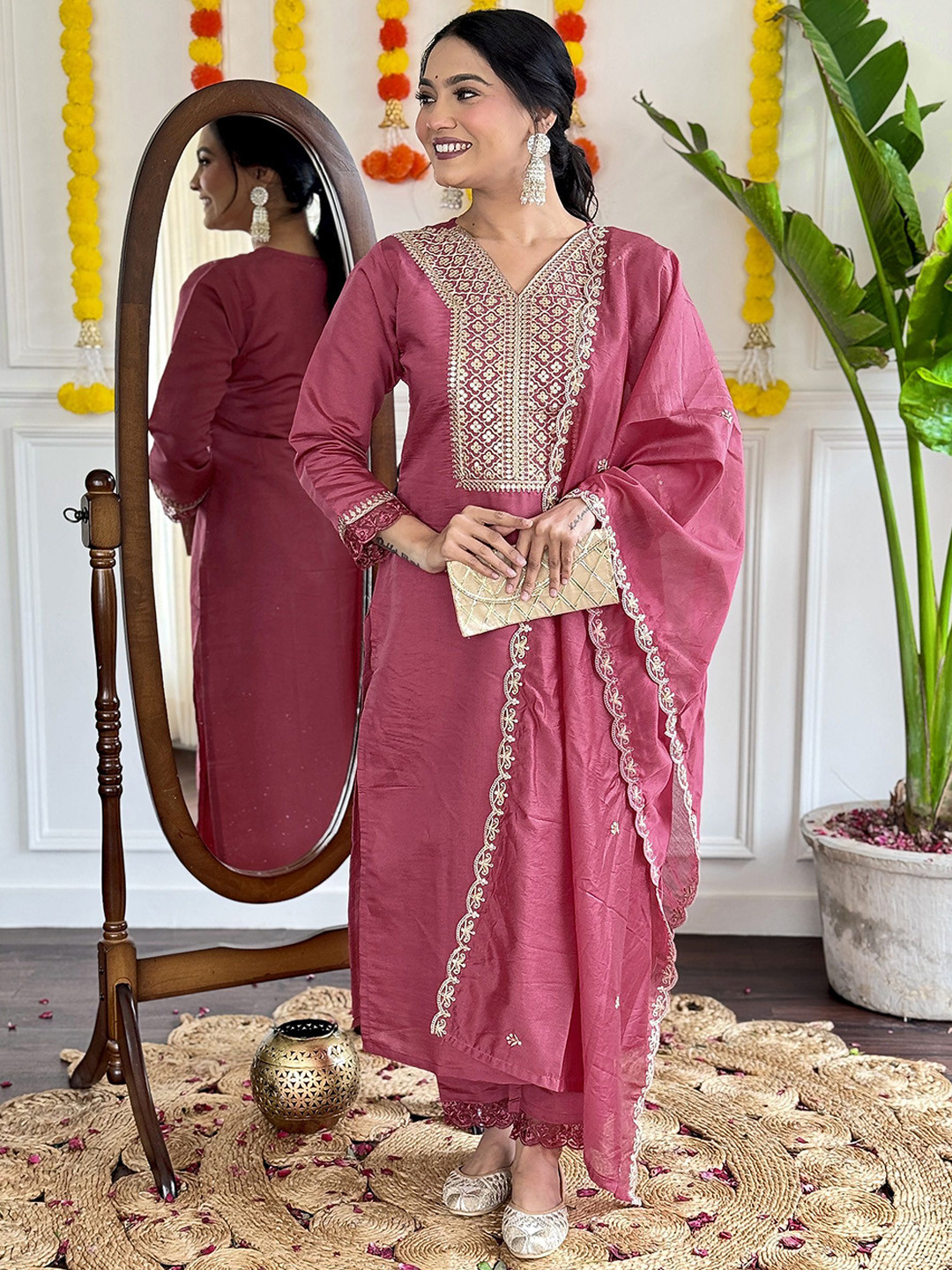 PARNAVI Madhvi V-Neck Sequinned Chanderi Cotton Straight Kurta With Trousers & Dupatta