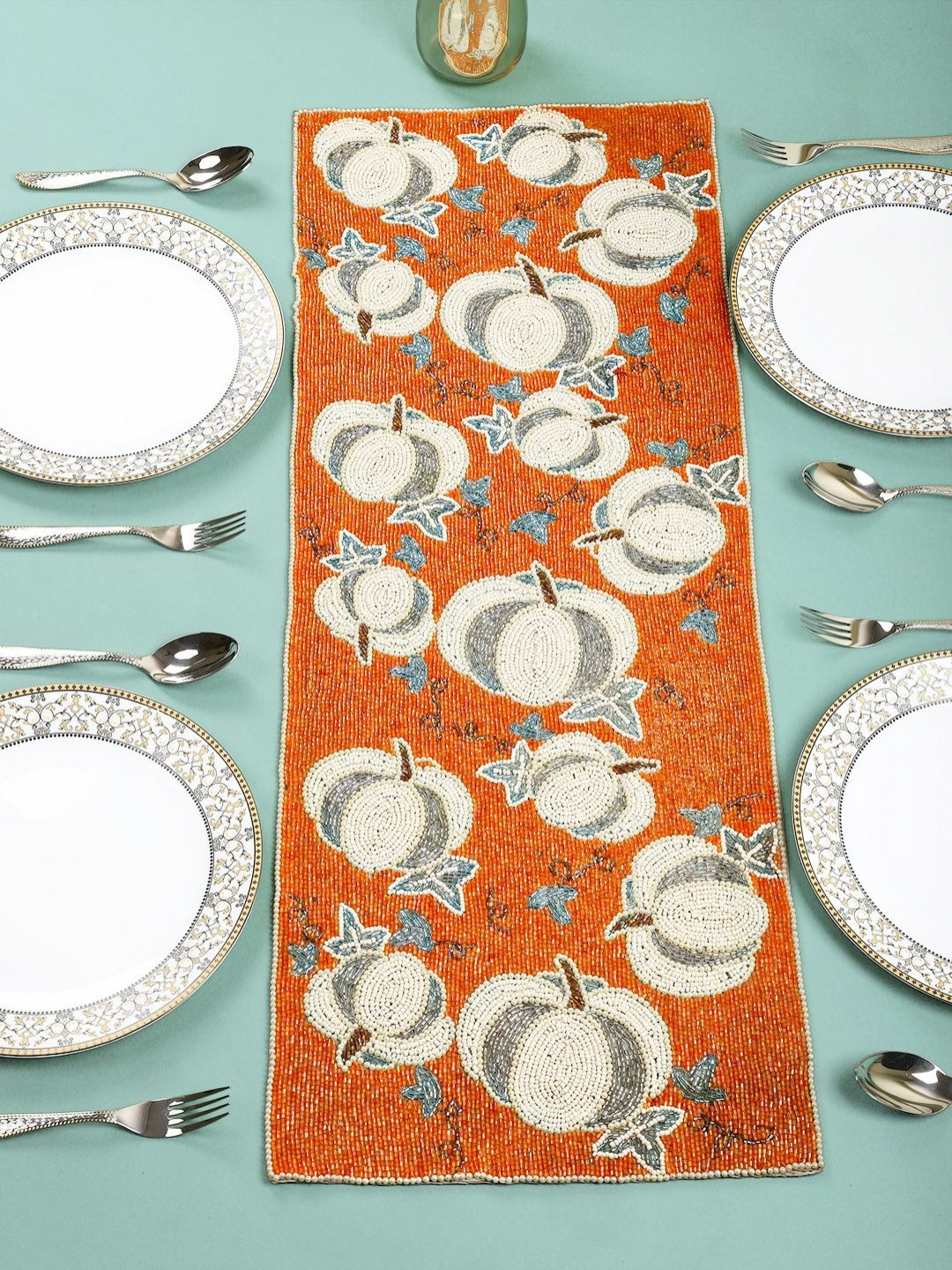 YWULY White & Orange Colored Printed Acrylic Table Runner