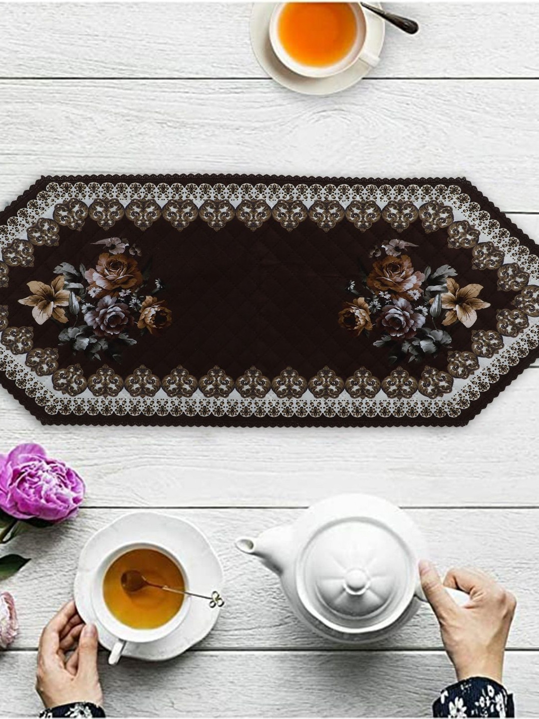 Dakshya Industries Brown & White Floral Printed Table Runner