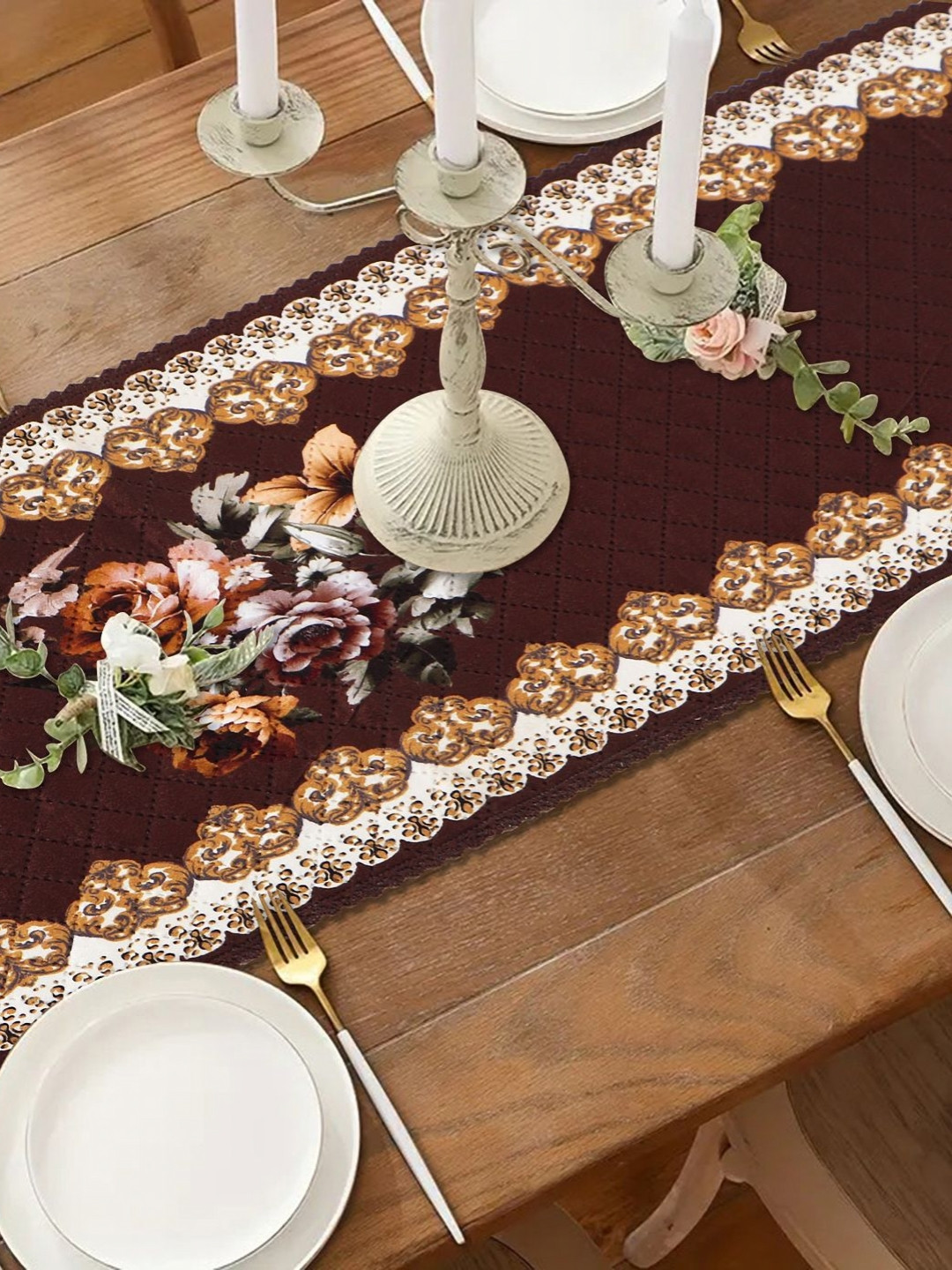 Dakshya Industries Brown & White Floral Printed Table Runner