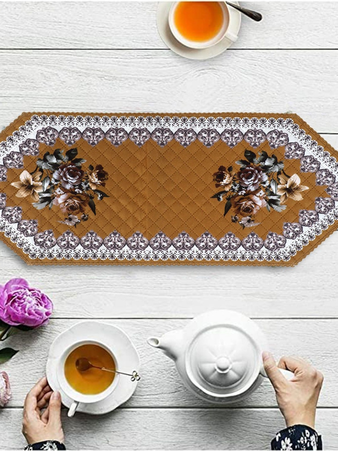 Dakshya Industries Brown & White Floral Printed Table Runner
