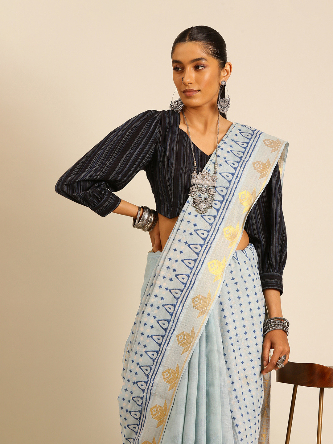 Taavi Woven Design Geometric Block Printed Pure Cotton Saree