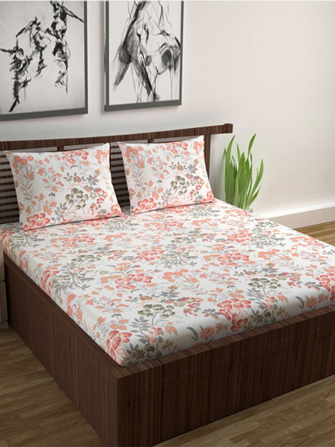 Divine Casa Bedsheet Peach Printed Pure Cotton 144 TC Queen Bedsheet Set-2.54 m x 2.22 m
