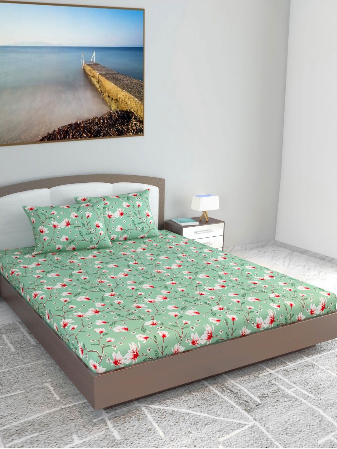 Divine Casa Florate Green Floral Cotton 144 TC Fitted King Bedsheet with 2 Pillow Covers-73 x 89 inches