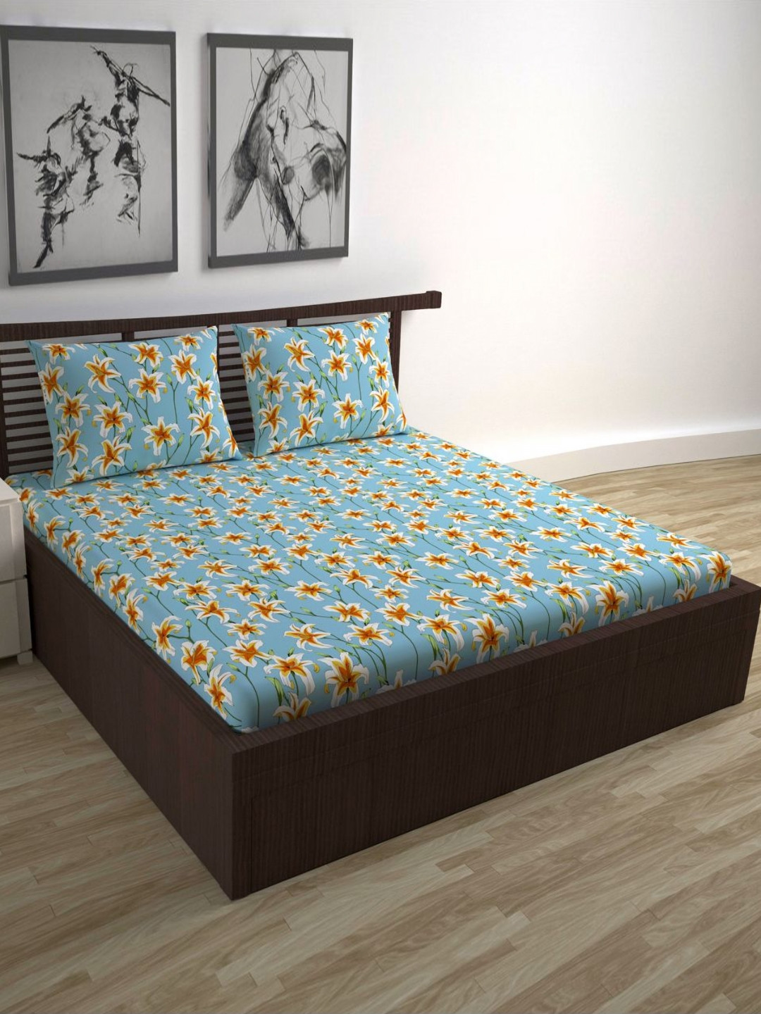 Divine Casa Florate Turquoise Blue Floral Cotton Breathable 144 TC Fitted Queen Bedsheet with 2 Pillow Covers-150 x 200 x 25 cm