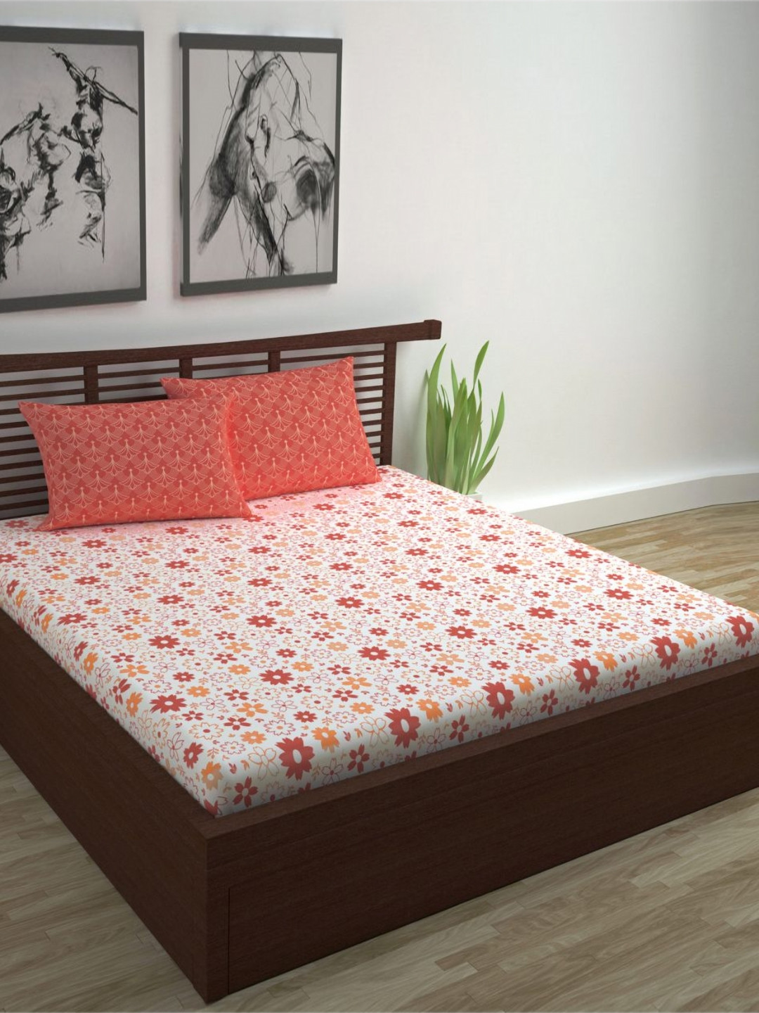 Divine Casa Peach Floral Cotton 144 TC Queen Superfine Bedsheet with 2 Pillow Covers-254 x 222 cm