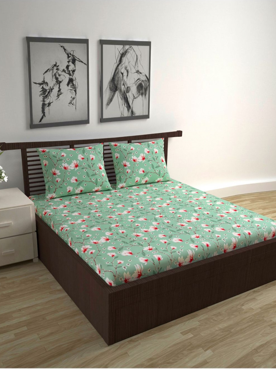 Divine Casa Florate Sea Green Floral Cotton Breathable 144 TC Fitted Queen Bedsheet with 2 Pillow Covers-59 x 89 inches