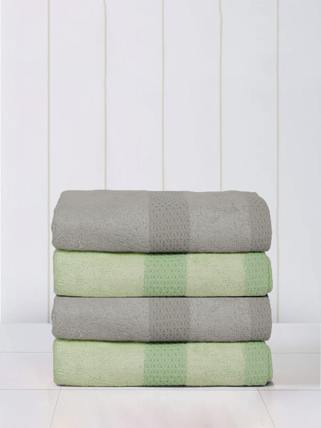 Mulberry Living 4 Pcs Silver Grey & Neon Green Solid Bamboo Bliss Hand Towels