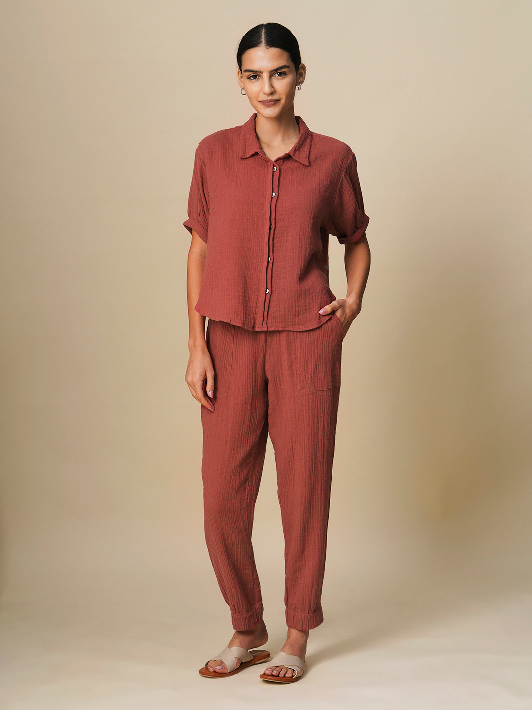 Chemistry Women Pure Cotton Shirt With Trousers Co-Ord Sets