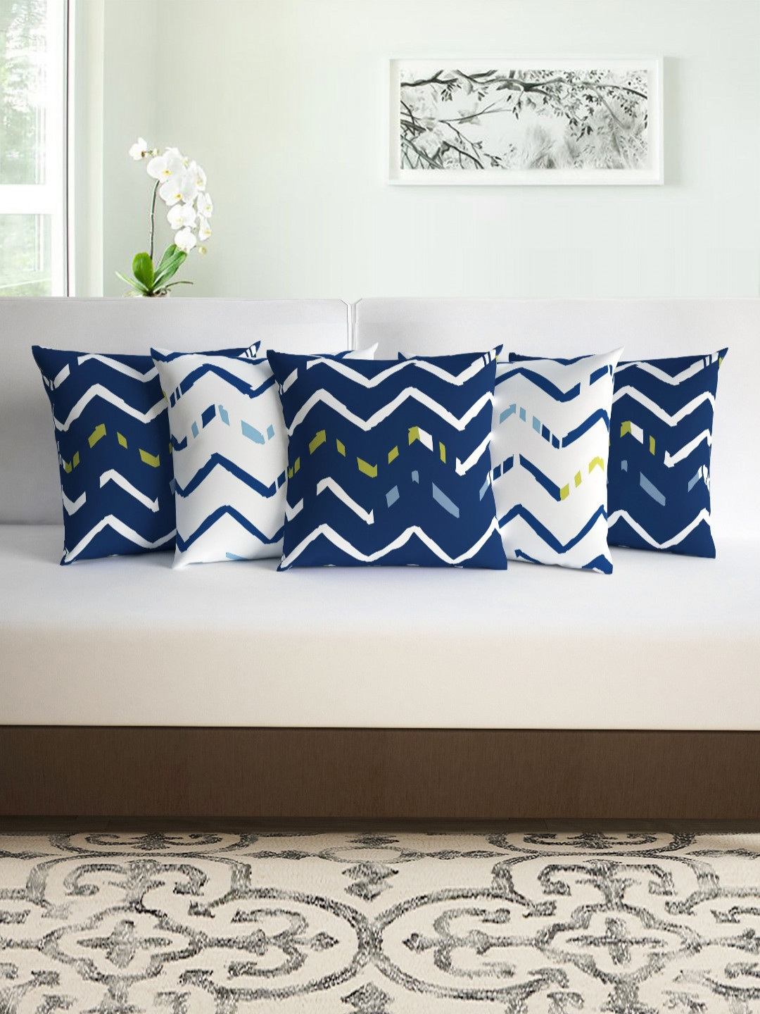 Divine Casa Blue and White 5 Pieces Abstract Printed Microfiber Square Cushion Covers