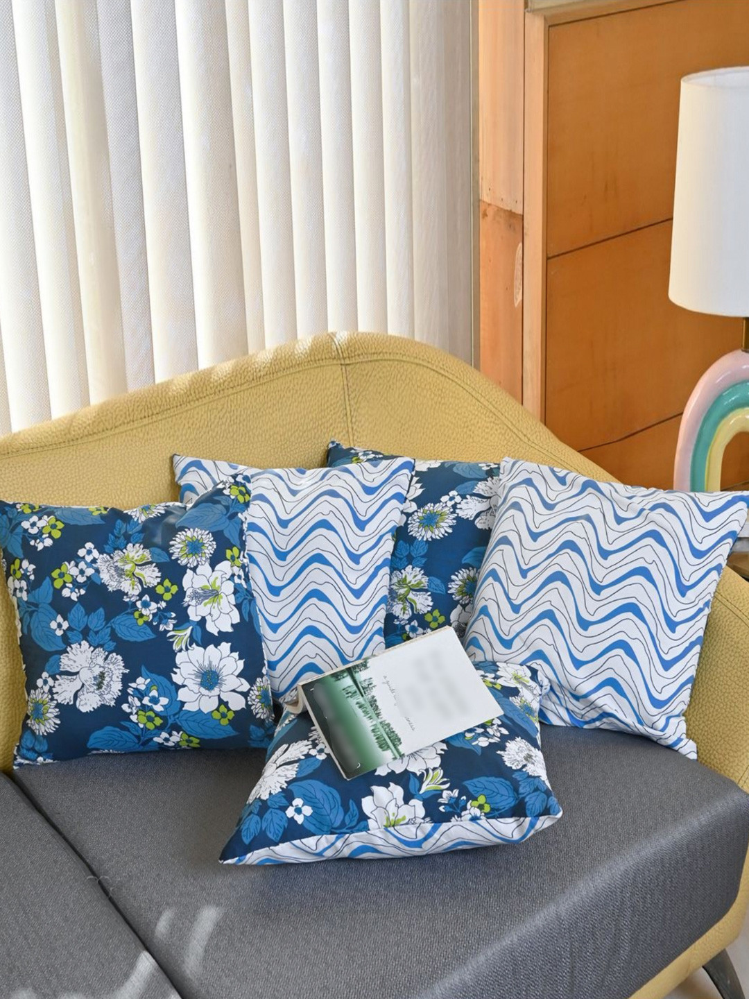 Divine Casa Turquoise Blue 5 Pieces Floral Printed Microfiber Square Cushion Covers