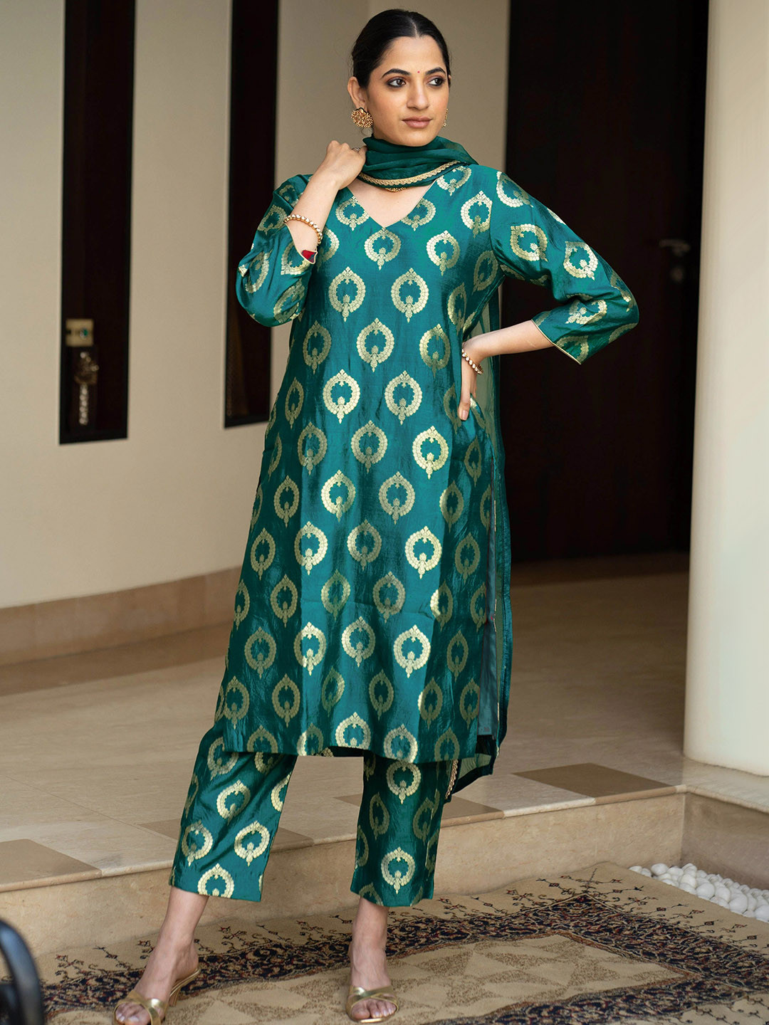 Kedar Fab Ethnic Design Woven Design Art Silk Straight Kurta With Trouser With Dupatta