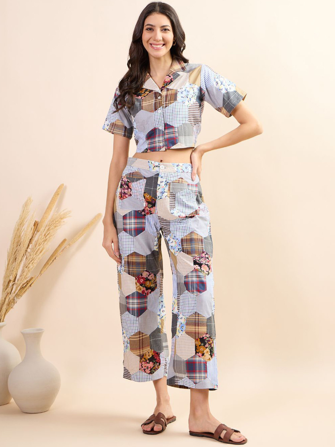 Kiarabel Retail Printed Lapel Collar Pure Cotton Shirt With Trouser