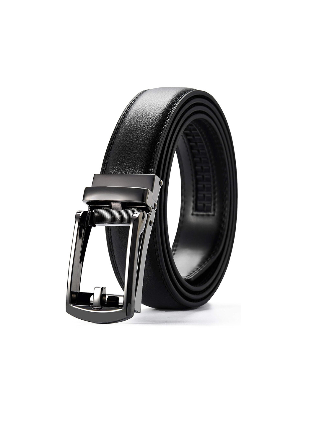 CONTACTS Men Auto Lock Shiny Nickle Black Leather Belt