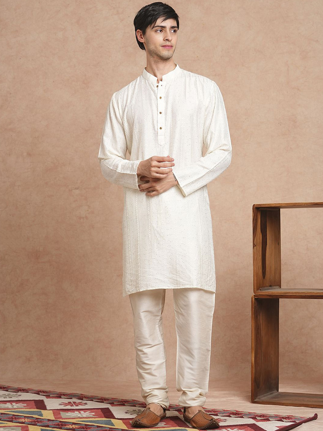 SWAGG INDIA Striped Embroidered Band Collar Straight Kurta